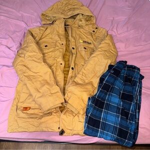 Ah appreal tan men’s Jacket and Blue Plaid Pants USED BOTH